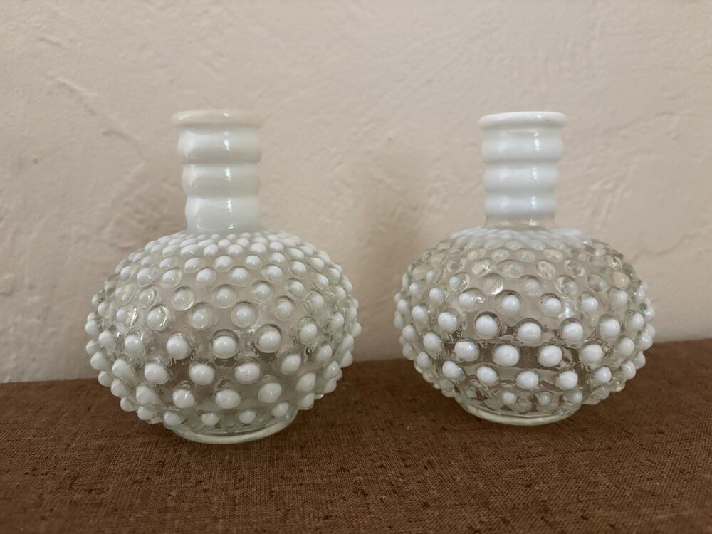 Vintage Bud Vase Pair Fenton White Opalescent Hobnail 5" Set of 2